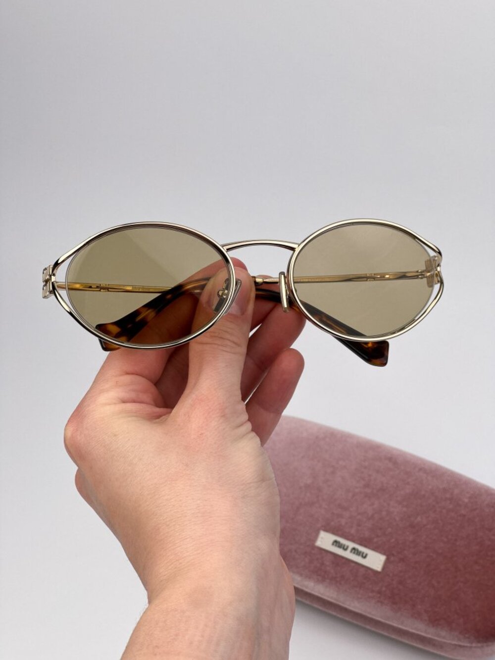 Miu Miu Women’s LOGO Sunglasses Pale Gold Oval Yellow Lenses MU52YS ZVN10R NEW